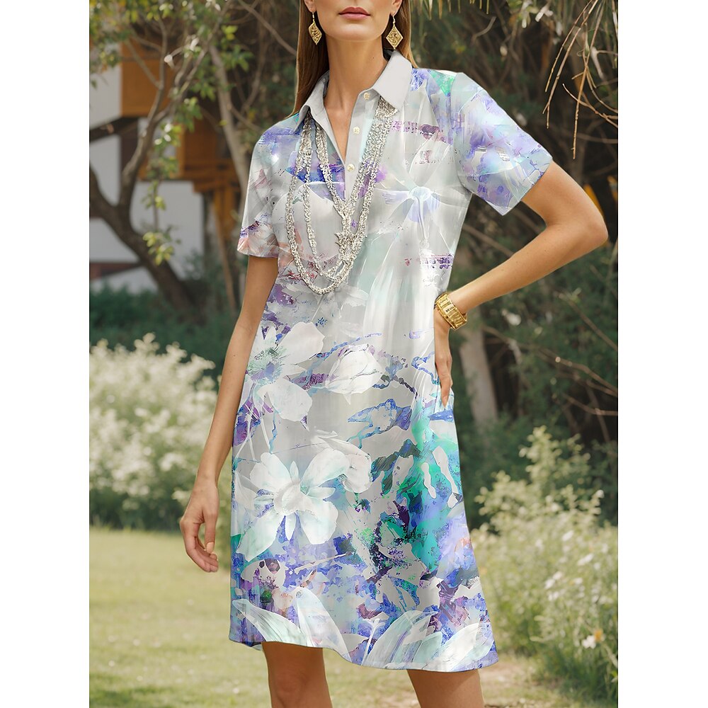 Damen Midikleid A Linie Kleid Urlaub Lässig Täglich Date Normale Passform Blumen Grafik Abstrakt Kurzarm Hemdkragen Silber Sommer Lightinthebox
