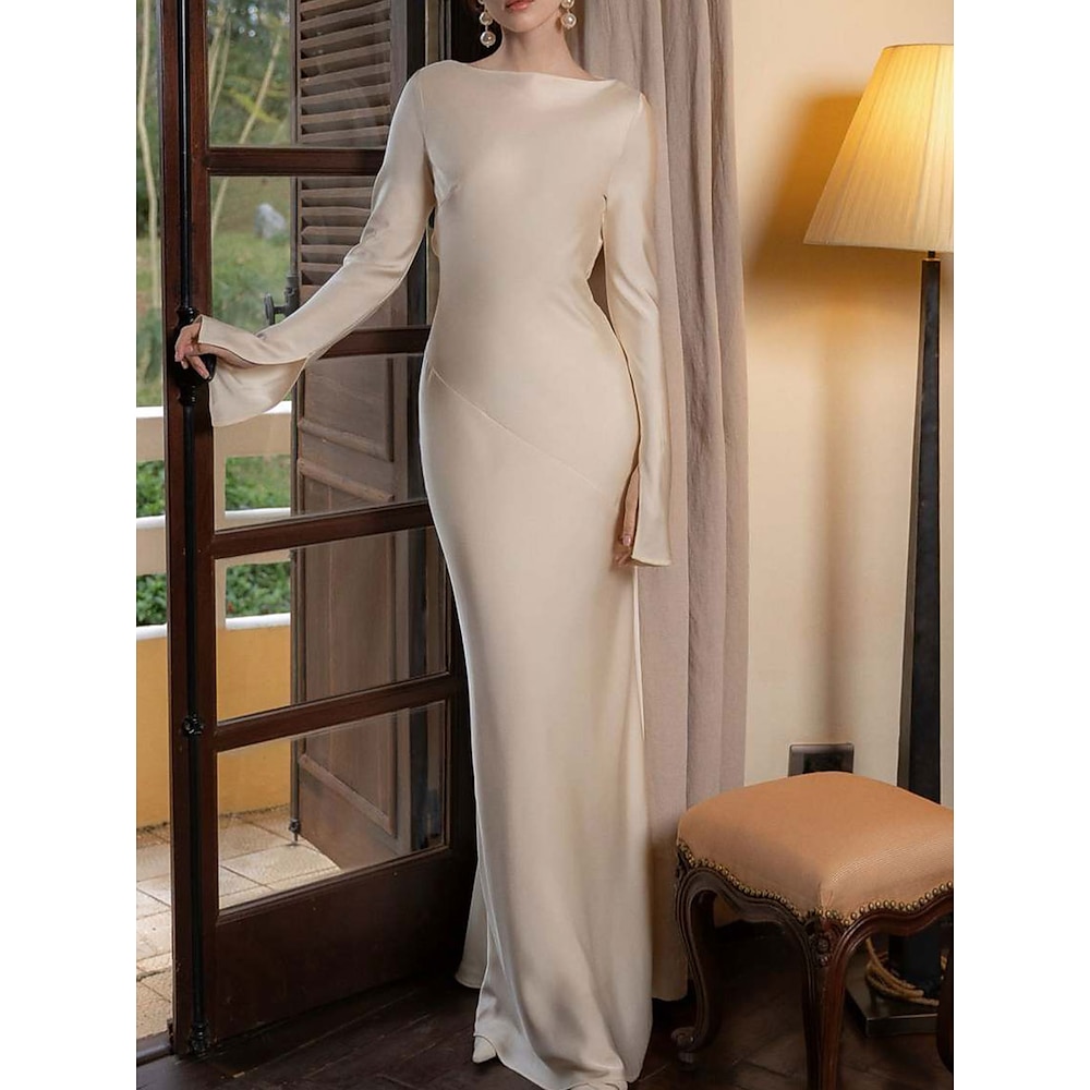 Trompete / Meerjungfrau Party kleider Elegant Kleid Hochzeit kleid hochzeitsgast Boden-Länge Langarm Schulterfrei Polyester Rückenlos mit mit Riemchen 2025 Lightinthebox