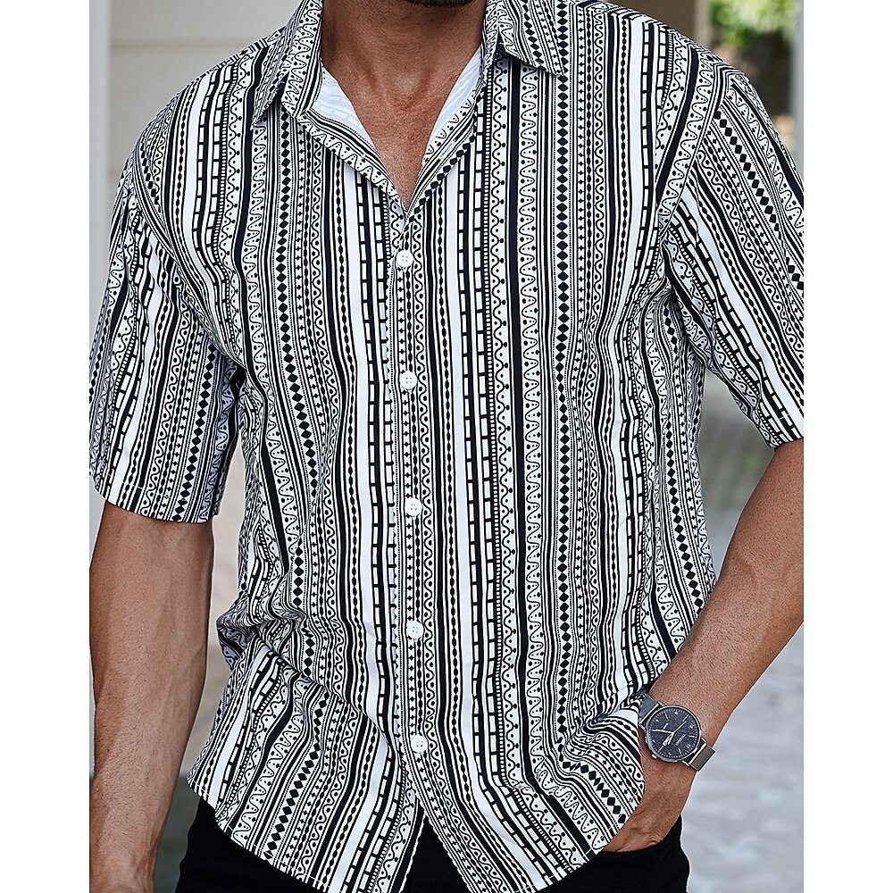 Herren Hemd Sommerhemd Freizeithemd Strandhemd Knopfhemd Schwarz Kurzarm Streifen Hemdkragen Urlaub Hawaiianisch Bekleidung Polyester Mode Lässig Bequem Lightinthebox