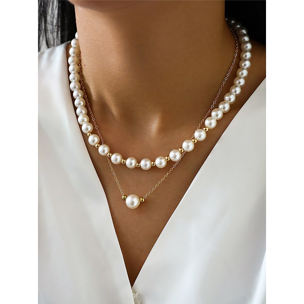 elegante mehrreihige Perlenkette für Damen - Goldkette mit weißen Kunstperlen, klassischer Vintage-Schmuck für Hochzeiten, Partys und formelle Anlässe Lightinthebox