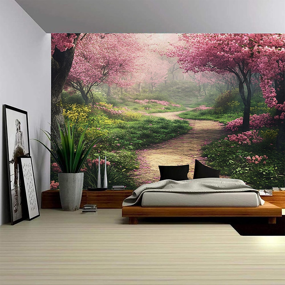 Roter Blumenwaldweg Landschaft hängende Wandteppich Mural Kunst großer Wandteppich Mural Deko Foto Hintergrund Teppich Vorhang Haus Schlafzimmer Wohnzimmer Dekoration Lightinthebox