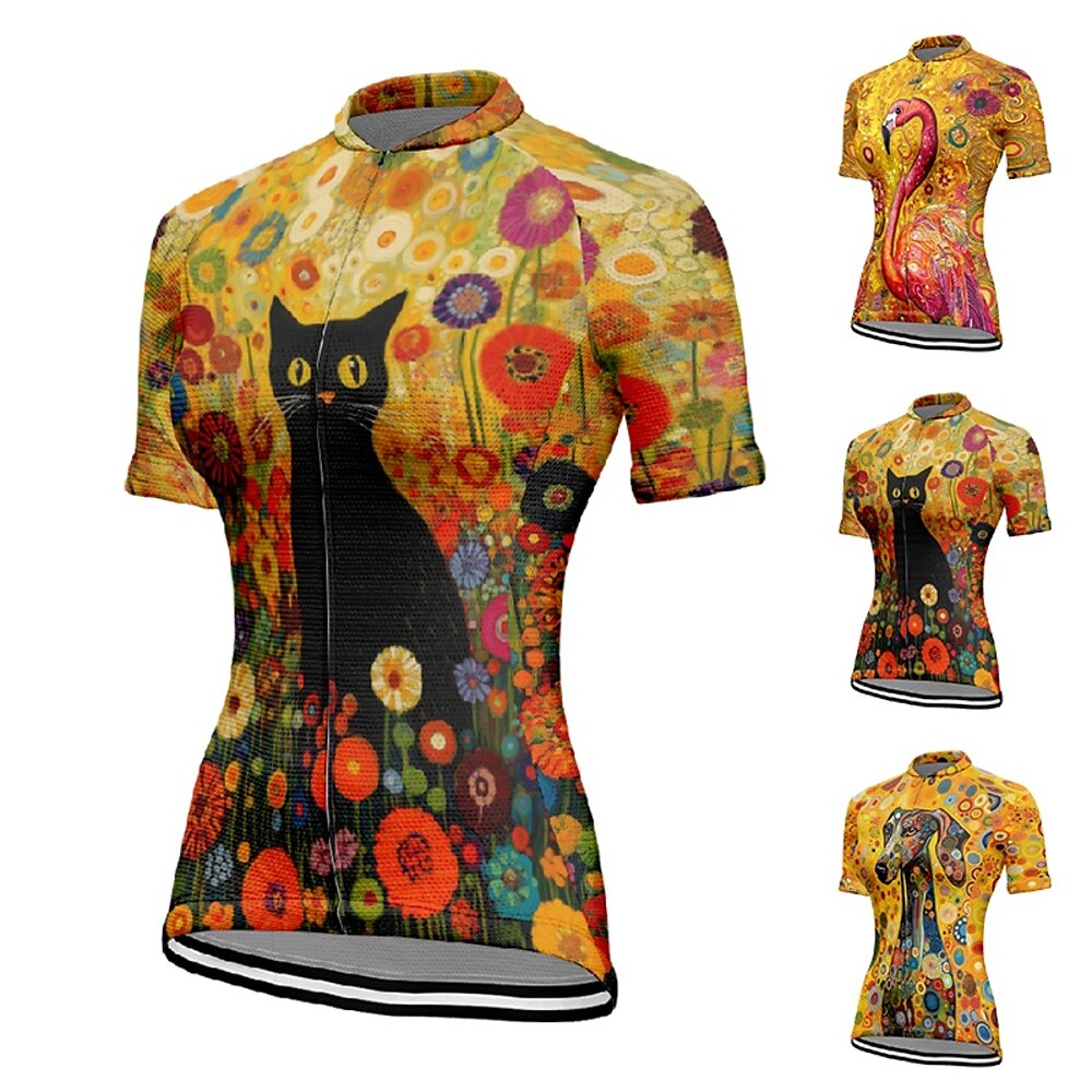 Damen Radtrikot Kurzarm Fahhrad T-Shirt Trikot mit 3 Gesäßtaschen Mountainbike MTB Atmungsaktiv Schnelltrocknend Anatomisches Design Feuchtigkeitsableitend Gelb Orange Grün Katze Hund Sport Bekleidung Lightinthebox
