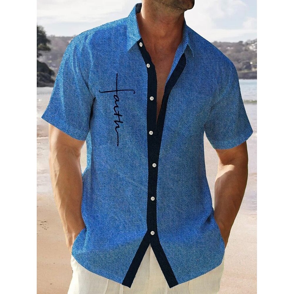 Herren Sommerhemd Freizeithemd Strandhemd Knopfhemd Blau Kurzarm Muster Glaube Revers Urlaub Hawaiianisch Bekleidung Polyester Mode Lässig Bequem Lightinthebox