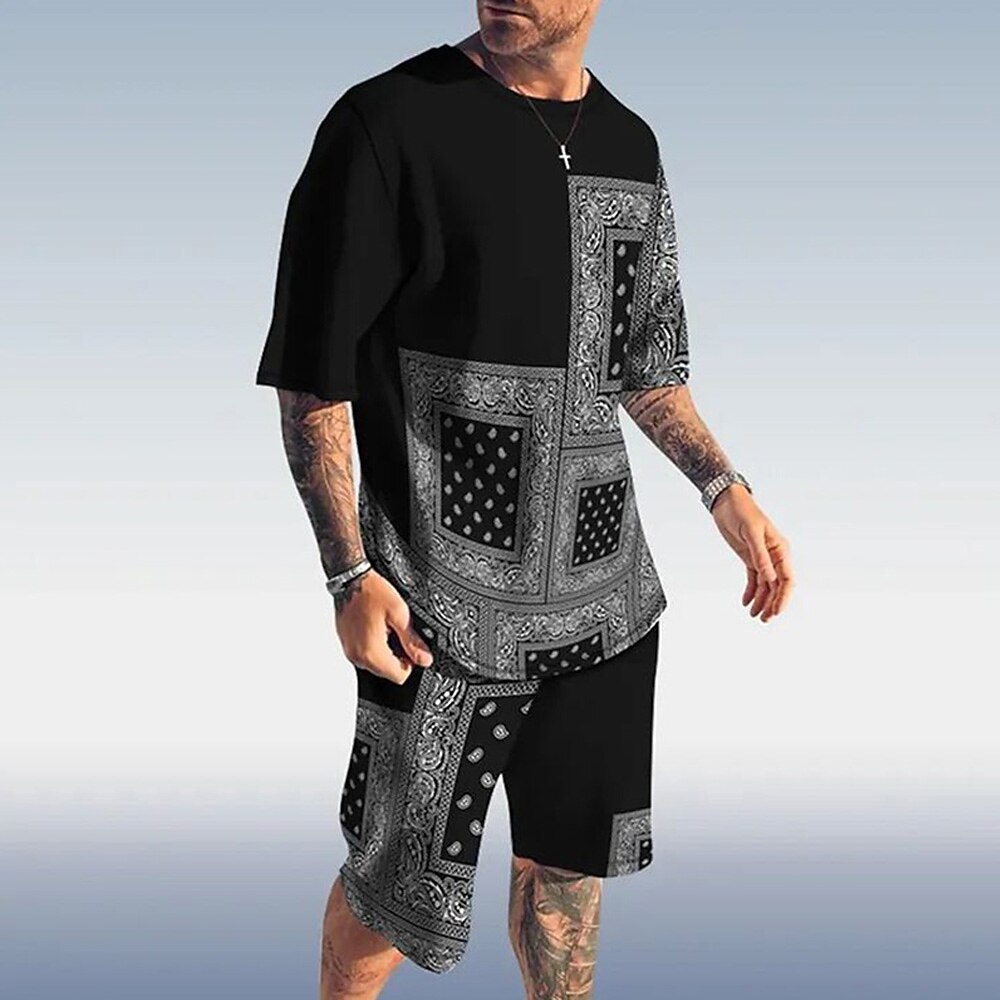 Herren Sommer Grafik 2St T-Shirts-Sets Sommeroberteile Kurzarm Kurze Hosen Rundhalsausschnitt Athleisure Sport Outdoor Sport Alltagstauglich Rundhalsausschnitt Schwarz Lightinthebox