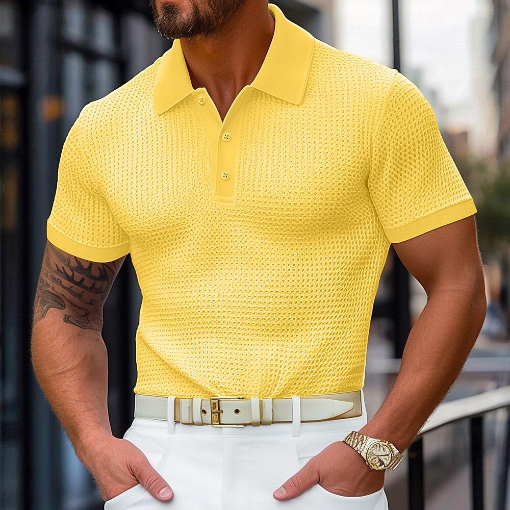 Herren Waffel-Poloshirts Golfshirt Lässig Ferien Revers Gerippter Polokragen Kurzarm Mode Basic Einfach Knöpfe Weich Sommer Frühling Normale Passform Weiß Gelb Burgunderrot Grün Khaki Grau Lightinthebox