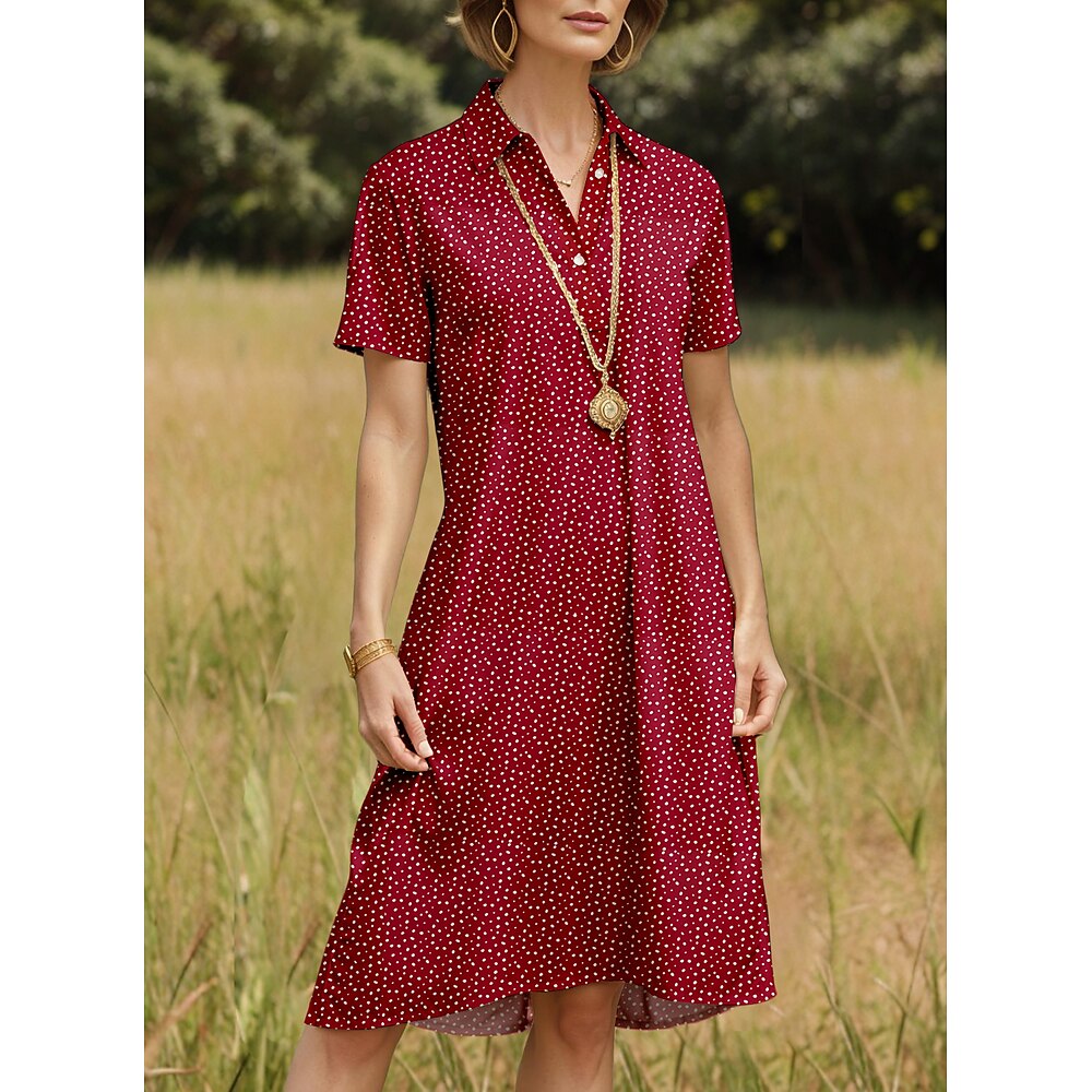 Damen Midikleid A Linie Kleid Urlaub Lässig Täglich Date Normale Passform Grafik Tupfen Kurzarm Hemdkragen Wein Sommer Lightinthebox