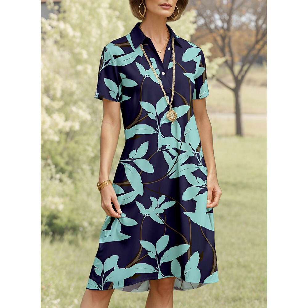 Damen Midikleid Hemdkleid A-Linien-Kleid Urlaub Casual Daily Date Regular Fit Grafik Blatt Kurzarm Hemdkragen Armeegrün Weiß Wein Marineblau Sommer Lightinthebox