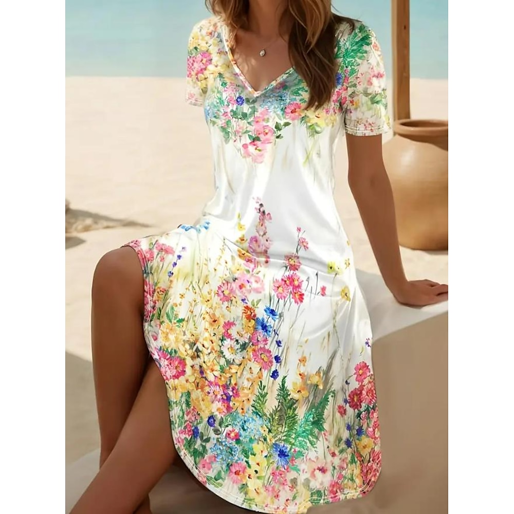 Damen Minikleid Sweatkleid Sommerkleid Urlaub Brautkleider schlicht Strand Design Urlaub Täglich Ausgehen Regular Fit Blumen Graphic Kurzarm V Ausschnitt Weiß Muster Sommer Lightinthebox