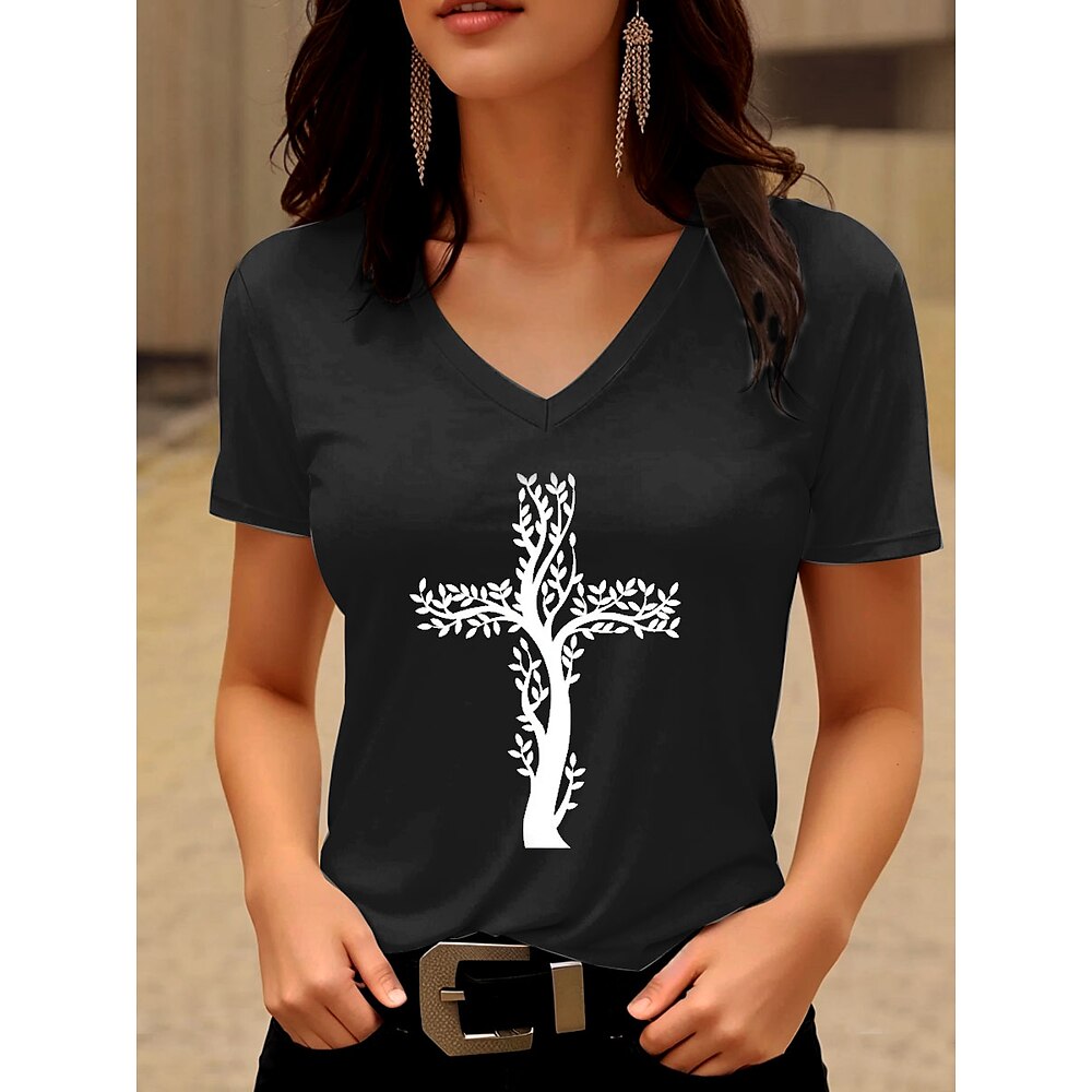 Damen T Shirt Blumen Grafik Lässig Kurzarm V Ausschnitt Normale Oberteile Täglich Druck Schwarz Weiß Blau Grün Sommer Frühling Lightinthebox