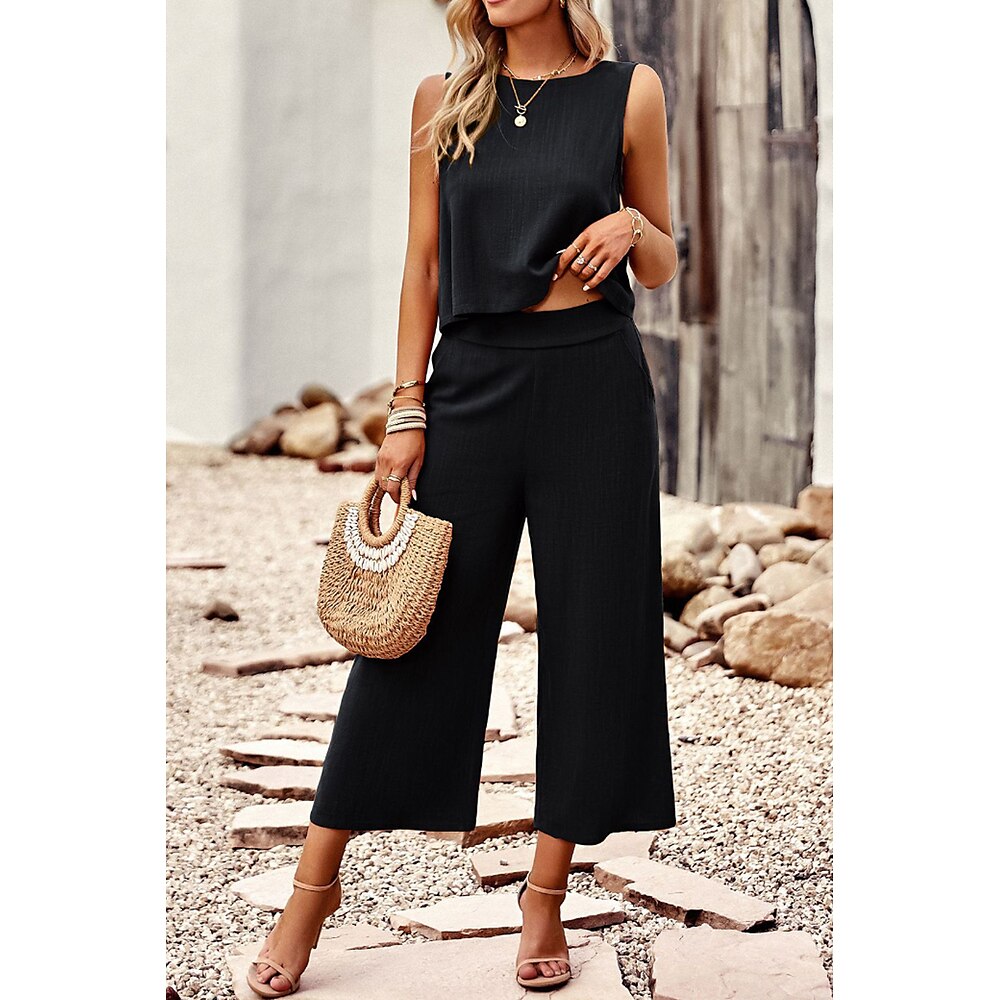 Damen Aktiv Basic Hosen-Sets Ärmellos Rundhalsausschnitt Einfarbig Täglich Ferien Schwarz Gelb Dunkelmarine Sommer Normale Passform Lightinthebox