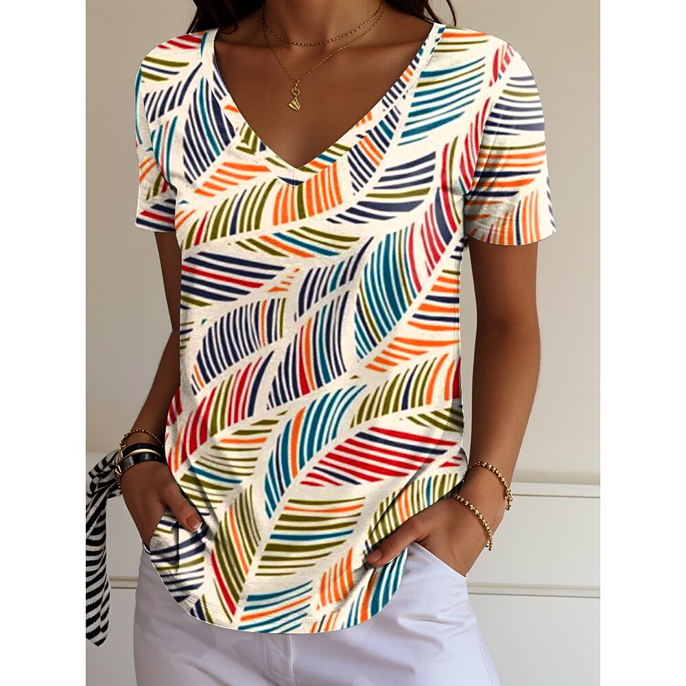 Damen T Shirt Ombre Grafik Geometrisch Lässig Kurzarm V Ausschnitt Normale Oberteile Täglich Druck Regenbogen Sommer Frühling Lightinthebox