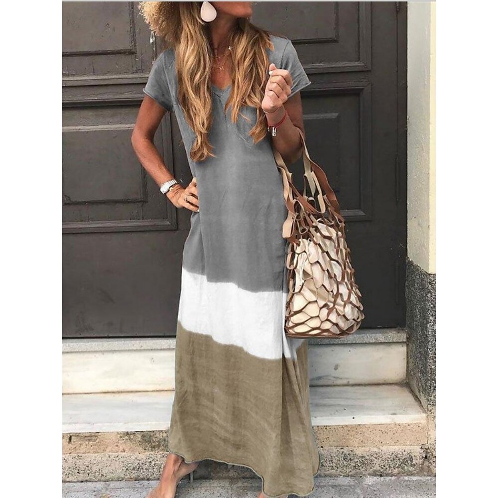 Damen Maxikleid T-Shirt-Kleid A Linie Kleid Sommerkleid Lässig Täglich Normale Passform Gestreift Kurzarm V Ausschnitt Gelb Rote Grün Grau Sommer Lightinthebox