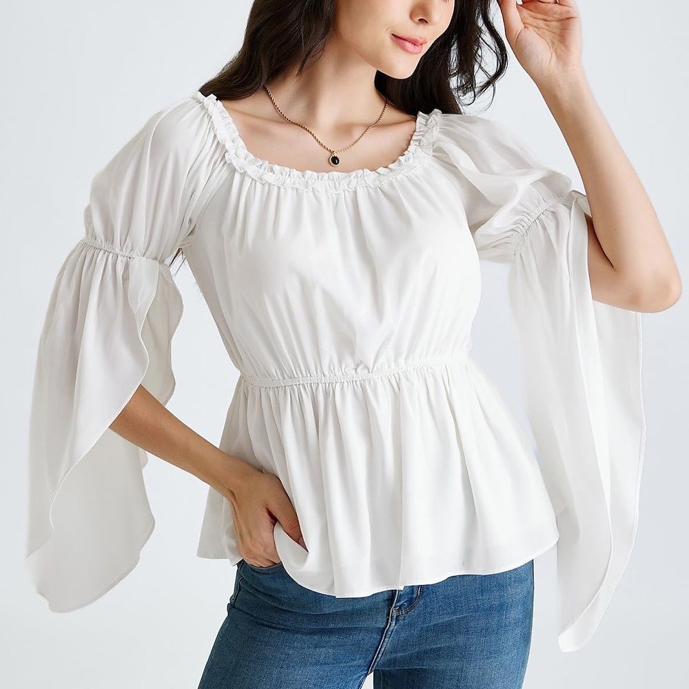 Retro Vintage Mittelalterlich Renaissance Bluse / Hemd Glockenärmel Wikinger Keltischer Ritter Elfen Einfarbig Damen Keltisch Fantasie Maskerade Urlaub Alltagstauglich LARP Erwachsene Hemd Lightinthebox