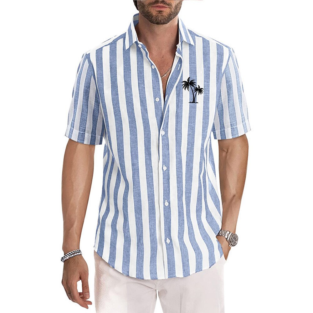 Herren Sommerhemd Freizeithemd Strandhemd Knopfhemd Blau Kurzarm Kokospalme Streifen Revers Urlaub Hawaiianisch Bekleidung Polyester Mode Lässig Bequem Lightinthebox