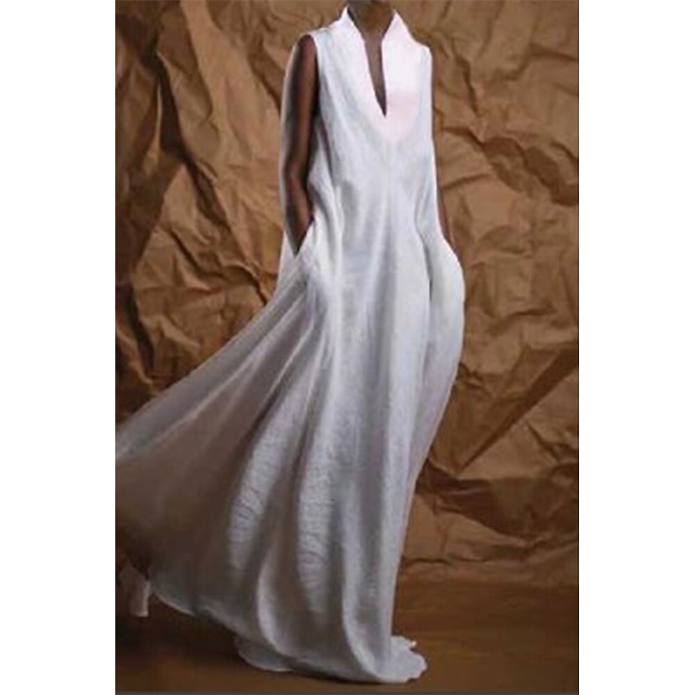 Damen Langes Kleid Maxikleid Weißes Kleid Partykleid Baumwoll-Leinenkleid Mode Party Geburtstag Normale Passform Einfach Ärmellos V Ausschnitt Weiß Sommer Lightinthebox