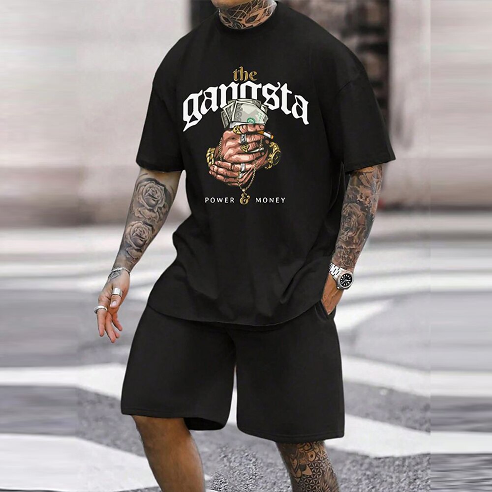 Herren Sommer Grafik 2St T-Shirts-Sets Sommeroberteile Kurzarm Kurze Hosen Rundhalsausschnitt Athleisure Sport Outdoor Sport Alltagstauglich Rundhalsausschnitt Schwarz Lightinthebox
