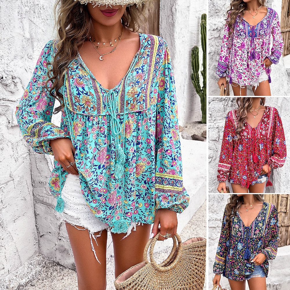 Damen Hemd Bluse Blumen Böhmen Ethnisch Brautkleider schlicht Langarm V Ausschnitt Normale Oberteile Täglich Festtage mit Schnürung Bedruckt Rote Marineblau Blau Purpur Sommer Frühling Lightinthebox