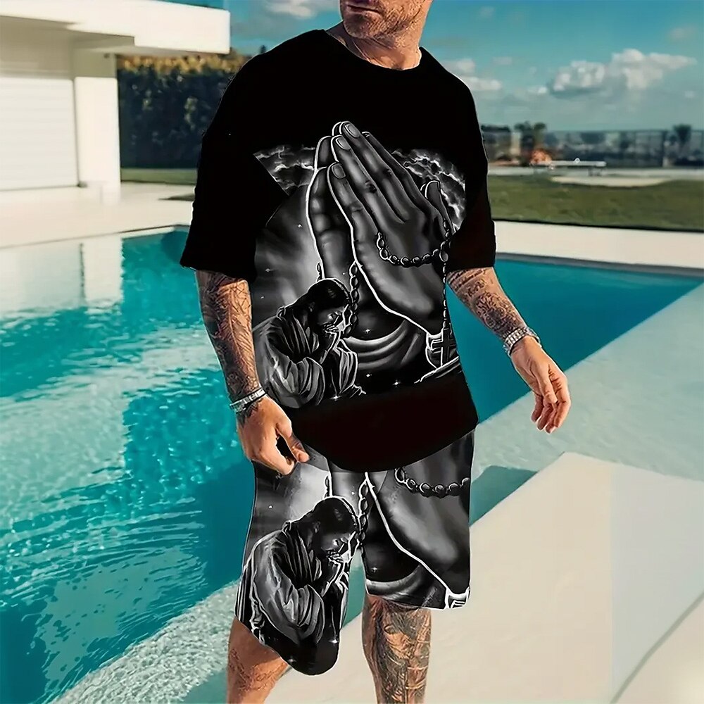 Ostern Herren Männlich Sommer Jesus 2St T-Shirts-Sets Sommeroberteile Kurzarm Kurze Hosen Rundhalsausschnitt Alltagstauglich Sport Outdoor Sport Alltagstauglich Rundhalsausschnitt Schwarz Lightinthebox