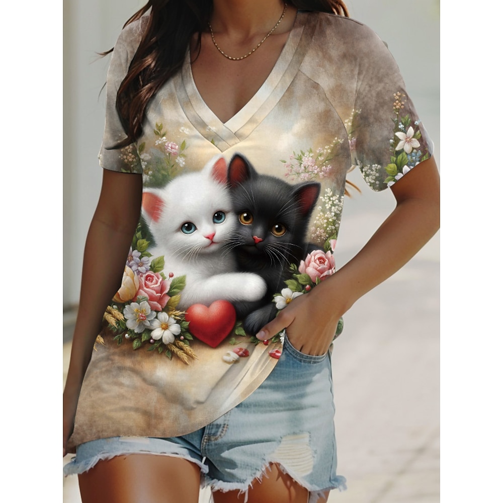 Damen T Shirt Tiermotiv Katze Lässig Kurzarm V Ausschnitt Normale Oberteile Täglich Ausgehen Wochenende Druck Schwarz cremefarben Sommer Lightinthebox