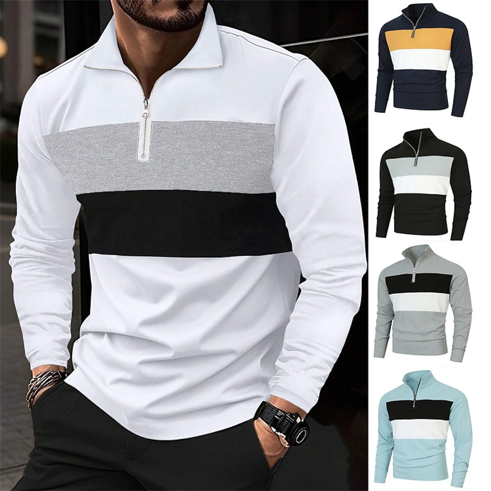 Herren Poloshirt mit Viertelreißverschluss Golfhemd Täglich Festtage Kargen Langarm Modisch Modern Farbblock Spleißen Frühling Herbst Regular Fit Schwarz Weiß Marineblau Hellhimmelblau Grau Poloshirt Lightinthebox