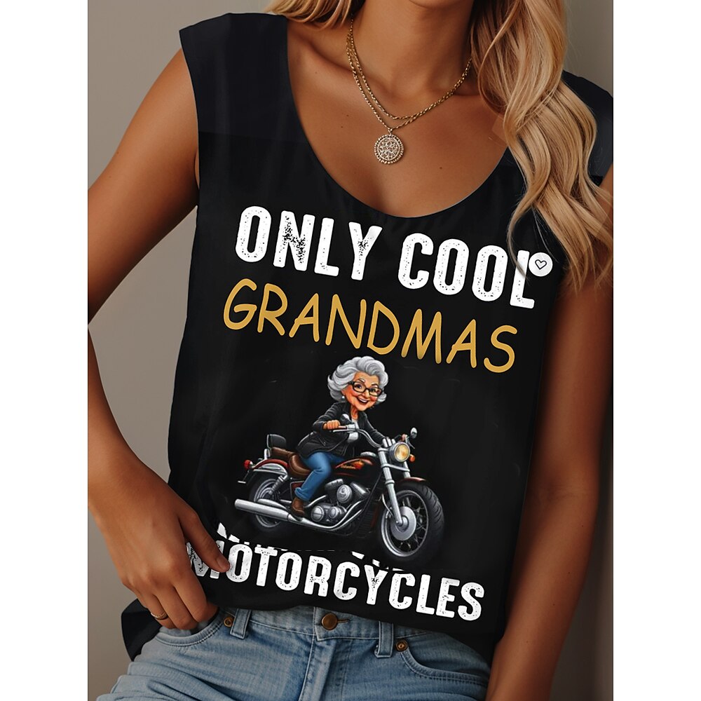 Damen Camisole-Tanktop Grafik Buchstabe Lässig Ärmellos Rundhalsausschnitt Normale Oberteile Täglich Druck Schwarz Weiß Rote Blau Sommer Grandmas Motorcycle Lightinthebox