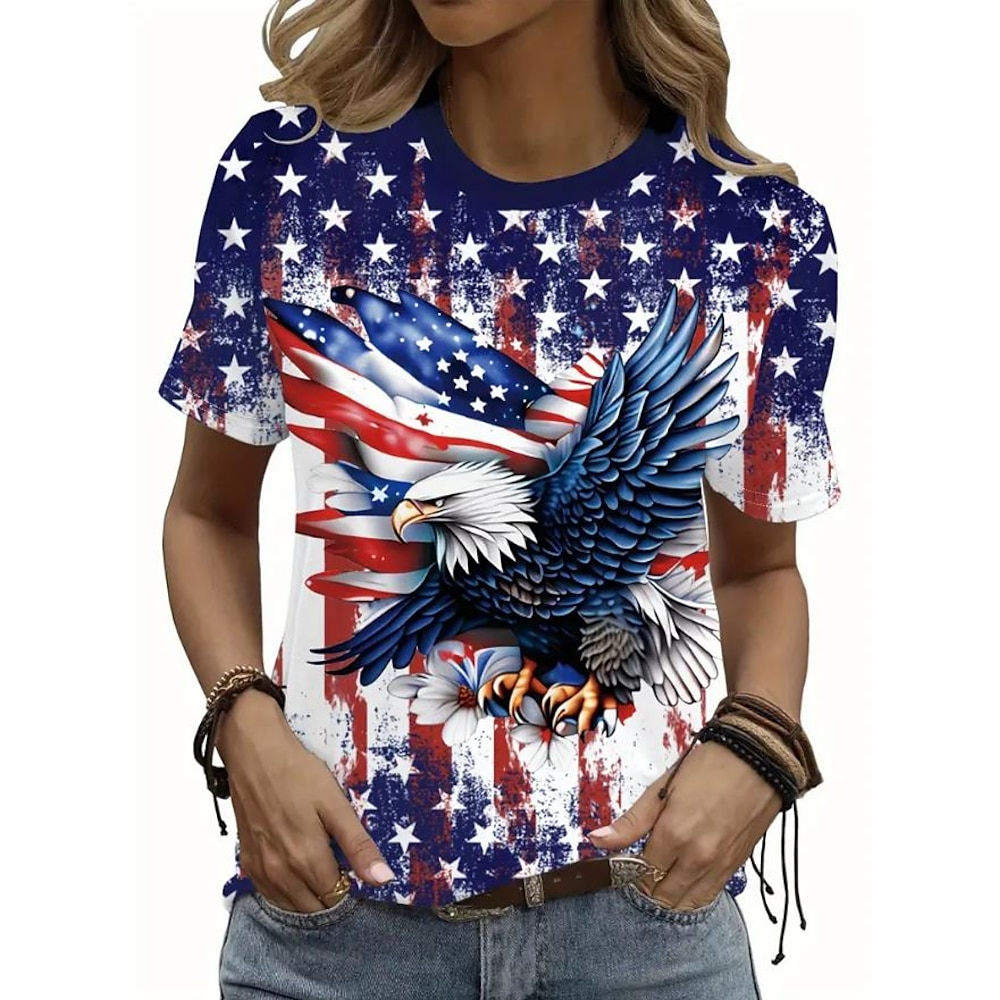 Amerikanischer Unabhängigkeitstag Damen T Shirt Grafik Flagge Amerikanische Flagge Lässig Kurzarm Rundhals Normale Oberteile Täglich Druck Blau Sommer Lightinthebox