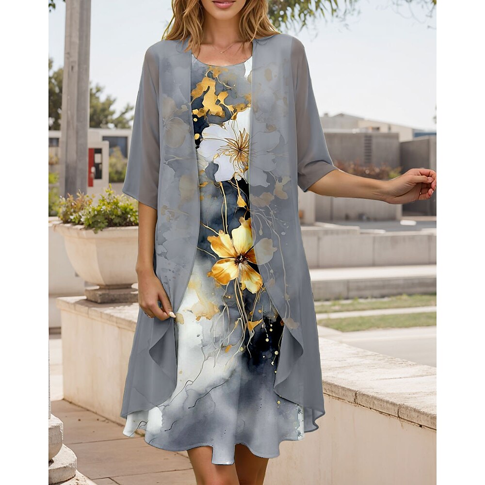 Damen Kleid-Set A Linie Kleid Sommerkleid Midi-Kleid Urlaub Lässig Blumen Grafik Plissiert Druck Midikleid Halbarm Rundhalsausschnitt Urlaub Täglich Grau Frühling Herbst Normale Passform Lightinthebox