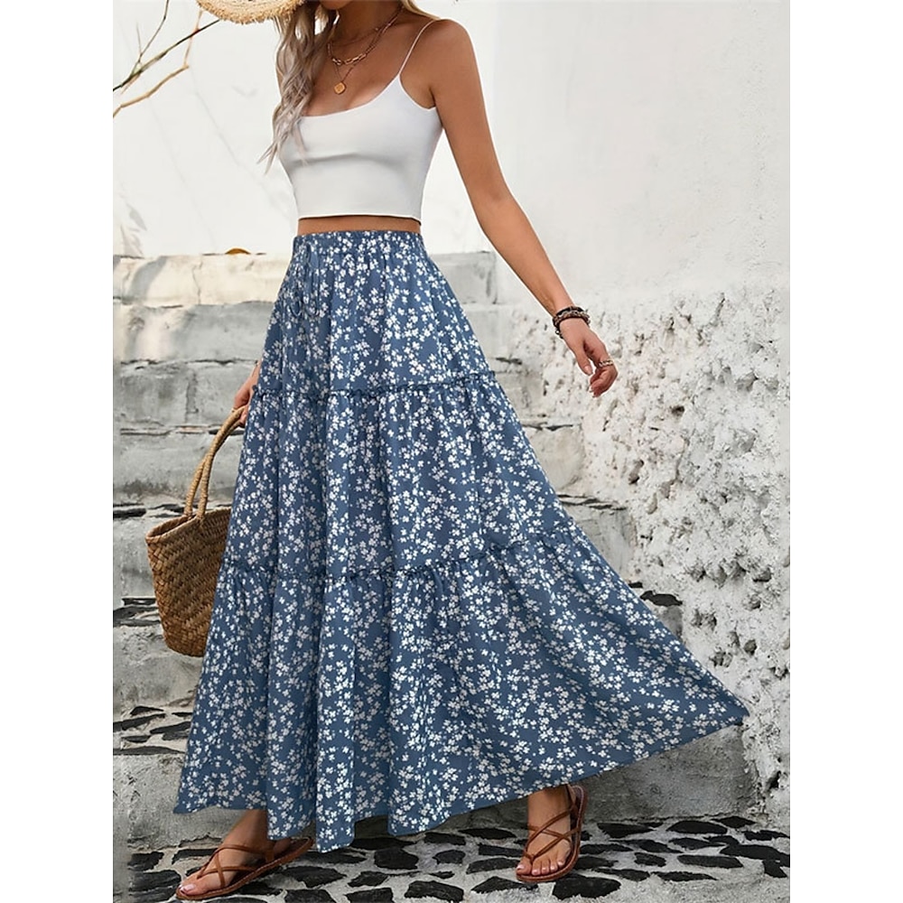 Damen Rock Schwingend Mode Lässig Maxi Hohe Taille Röcke Blumen Rüsche Druck Mikroelastisch Alltagstauglich Wochenende Schwarz Blau Sommer Polyester Lightinthebox