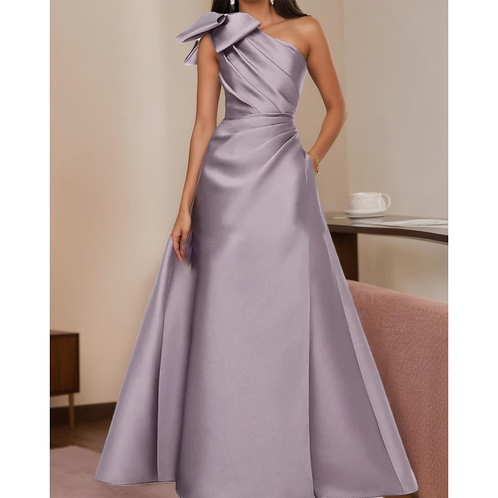 A-Linie Abendkleider Elegant Kleid Formal Abendgesellschaft Boden-Länge Ärmellos Ein-Schulter Satin mit Schleife(n) Plissee 2025 Lightinthebox