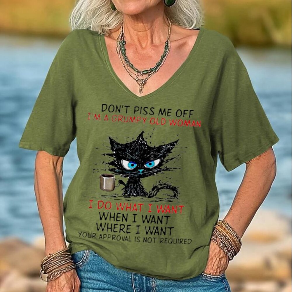 Lustiges Slang-T-Shirt für Damen, Tiermotiv, lässig, kurzärmlig, V-Ausschnitt, normale Oberteile, Alltagsdruck, Grasgrün, Weiß, Blau, Sommer, Frühling Lightinthebox