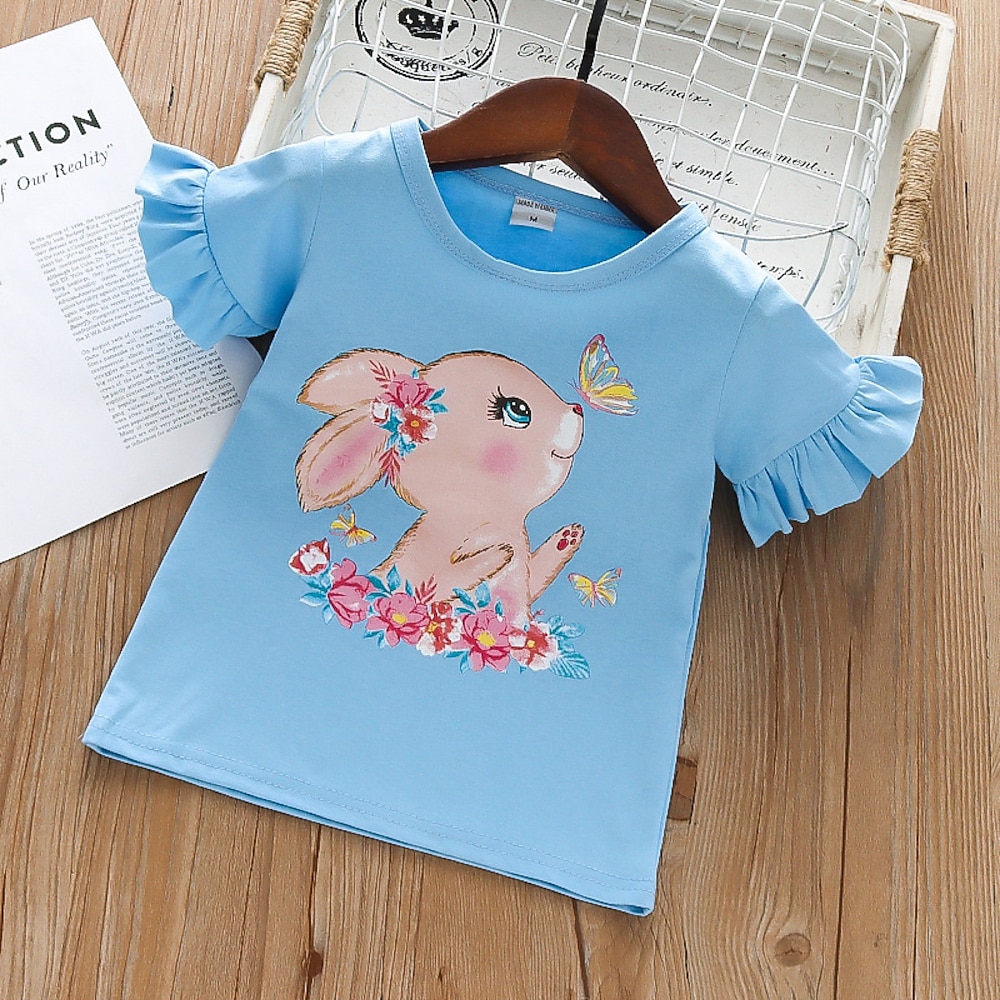 kinderkleidung Mädchen Ostern T-Shirt Hase Kaninchen Outdoor Print Kurzarm Rüsche Modisch 4 Jahre Sommer Blau Lightinthebox