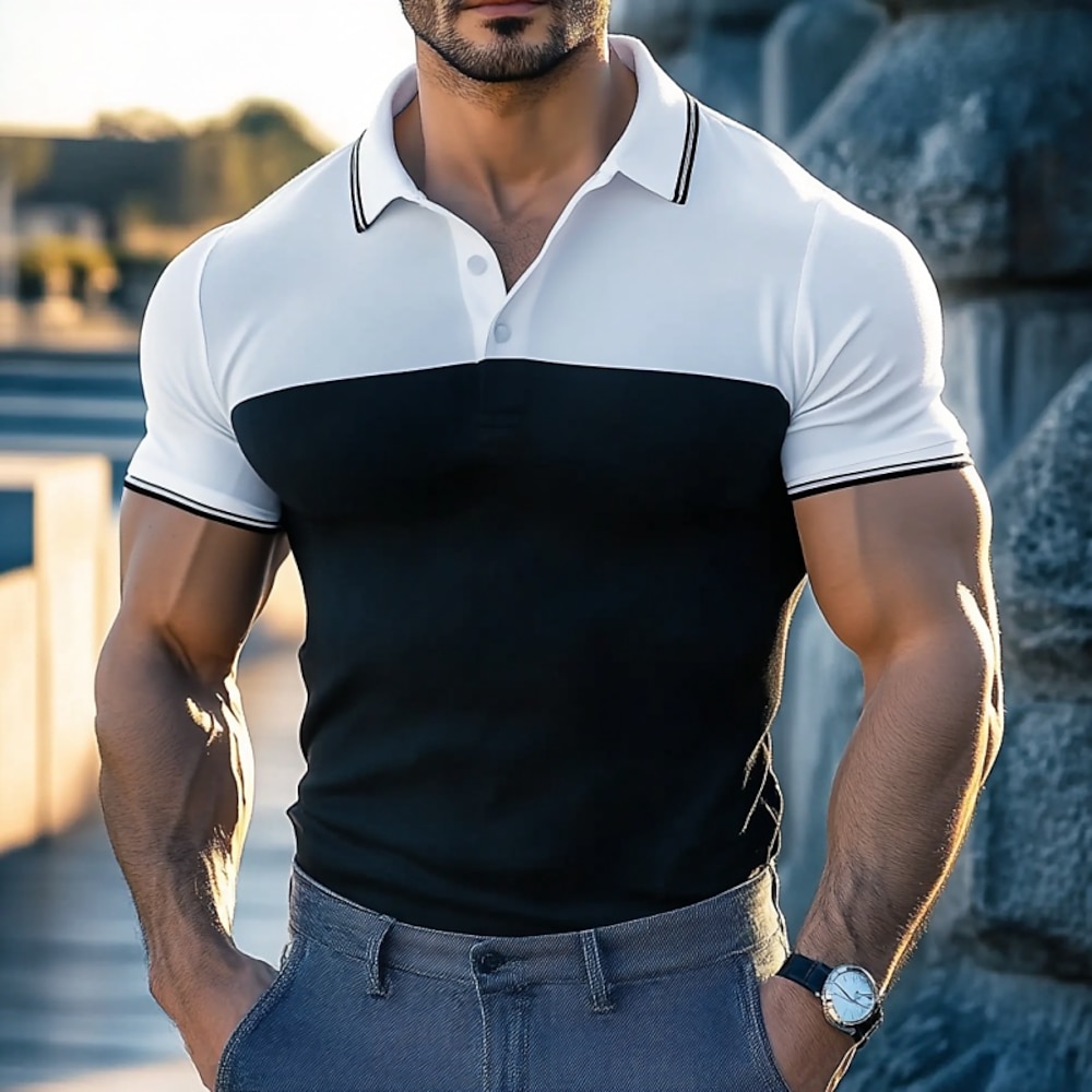 Herren Golfhemd Poloshirts aus Piqué Geschäft Casual Gerippter Polokragen Kurzarm Modisch Basic Farbblock Knopf Sommer Frühling Herbst Regular Fit Schwarz Golfhemd Lightinthebox