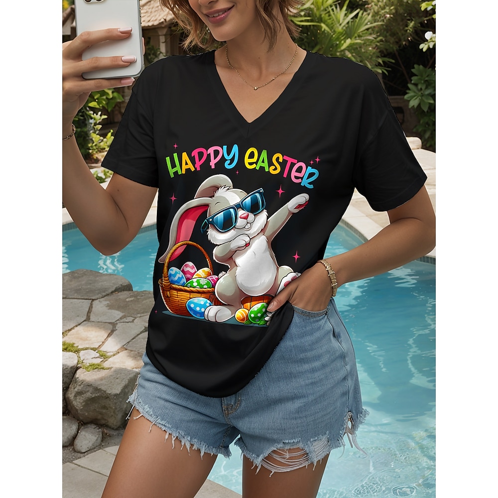 Ostern Damen Bluse Buchstabe Brautkleider schlicht Kurzarm V Ausschnitt Normale Oberteile Täglich Bedruckt Schwarz Sommer Frühling Lightinthebox