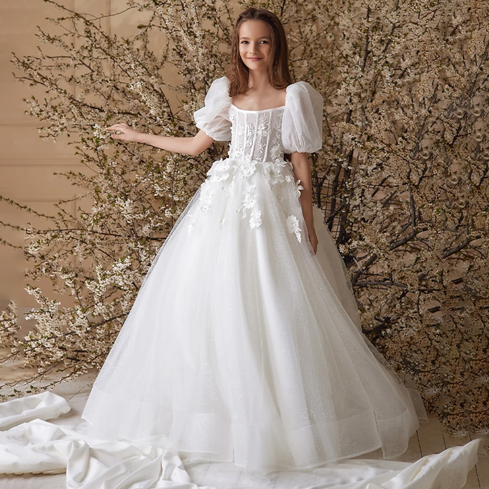 Blumenmädchenkleid Mädchen Formelle Kleidung Prinzessinenkleid Erstkommunion Kleid Hochzeitskleidung Hochzeit Party Prinzessin Süß Ostern Gerafft Puffärmel Einfarbig Kurze Ärmel Quadratischer Kragen Lightinthebox