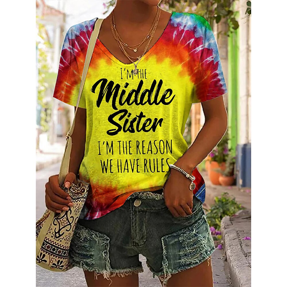 Damen T Shirt Ombre Grafik Buchstabe Stilvoll Lässig Kurzarm V Ausschnitt Normale Oberteile Täglich Druck Schwarz Rote Sommer Lightinthebox