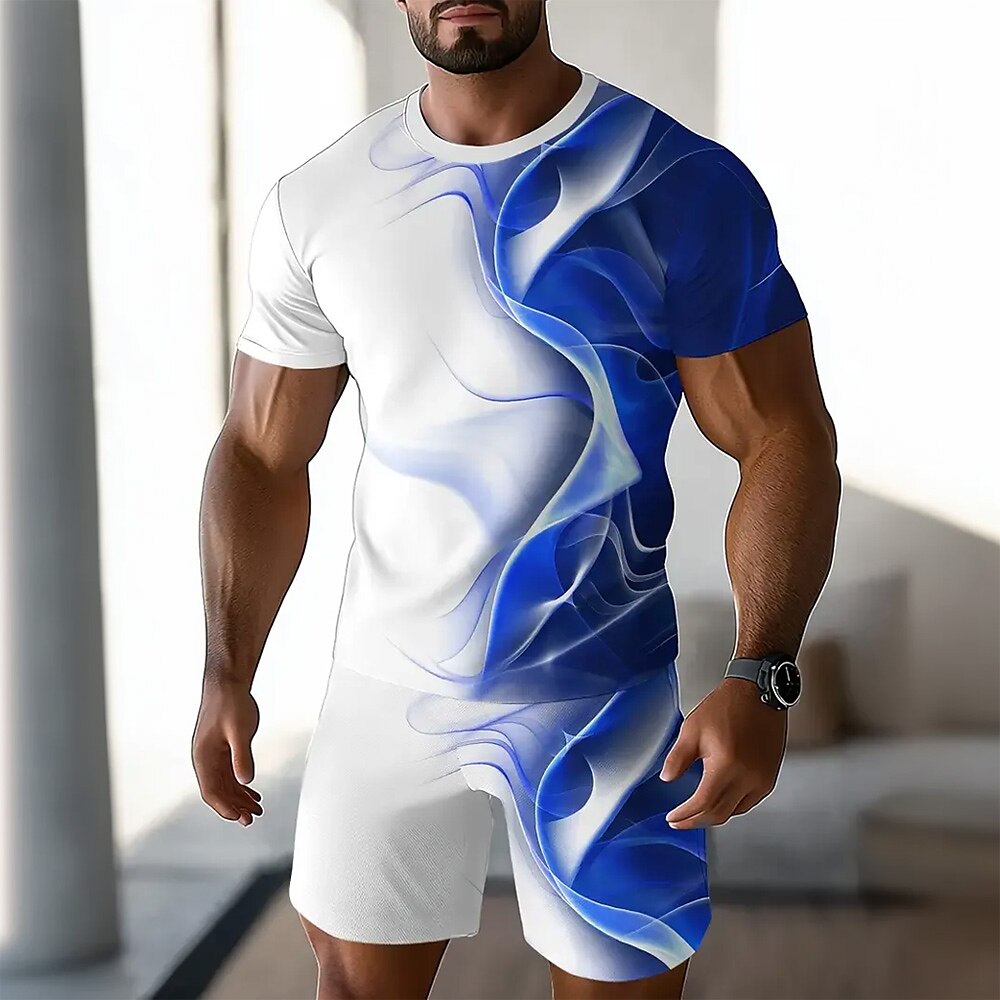 Herren Sommer Geometrisch Linie 2St T-Shirts-Sets Sommeroberteile Kurzarm Kurze Hosen Rundhalsausschnitt Sport Lässig Outdoor Urlaub Lässig 3D-Druck Blau Weiß Lightinthebox