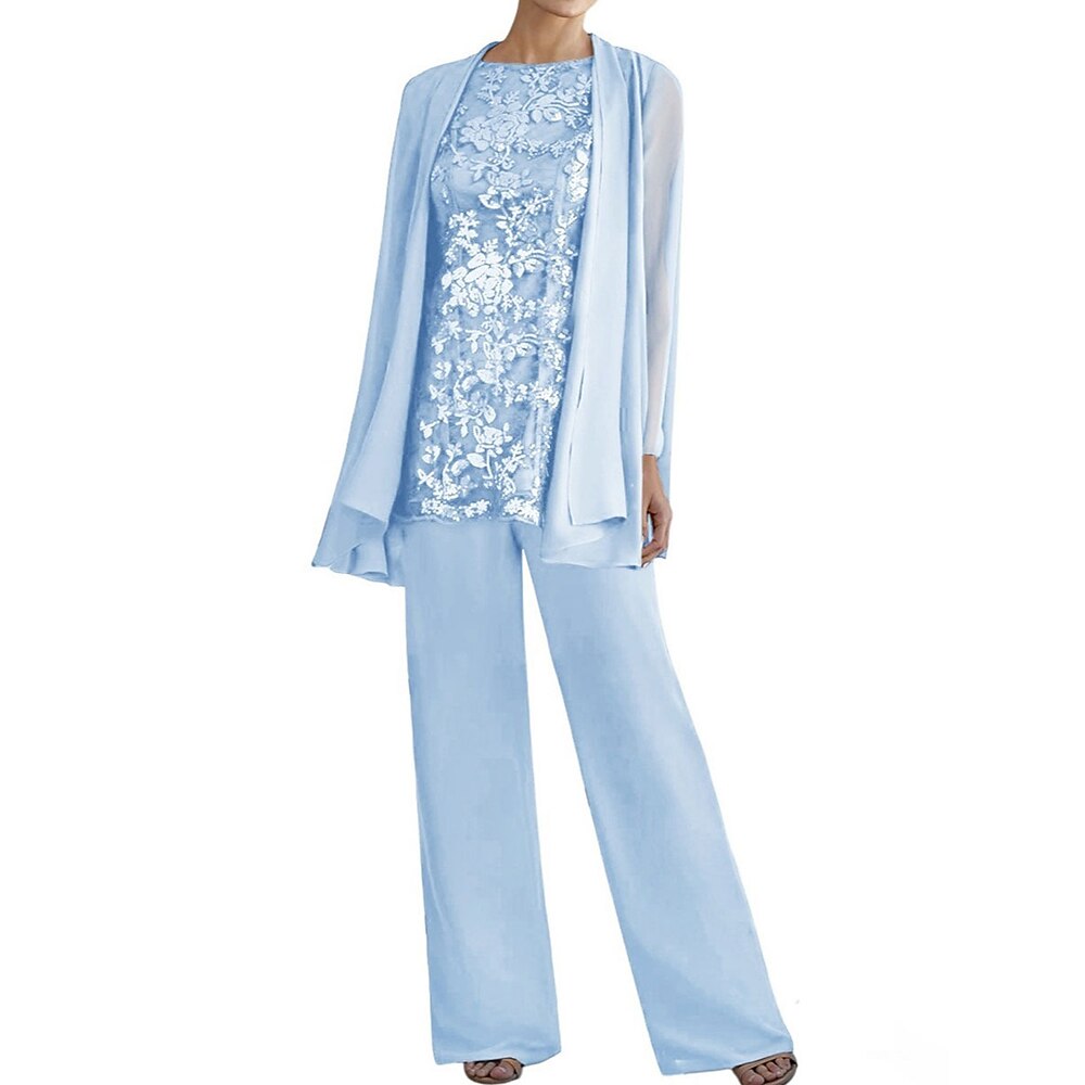 Dreiteilig Hosenanzug Brautmutterkleid Elegant Rundhalsausschnitt Bodenlang Polyester Langarm mit Perlenstickerei 2025 Lightinthebox