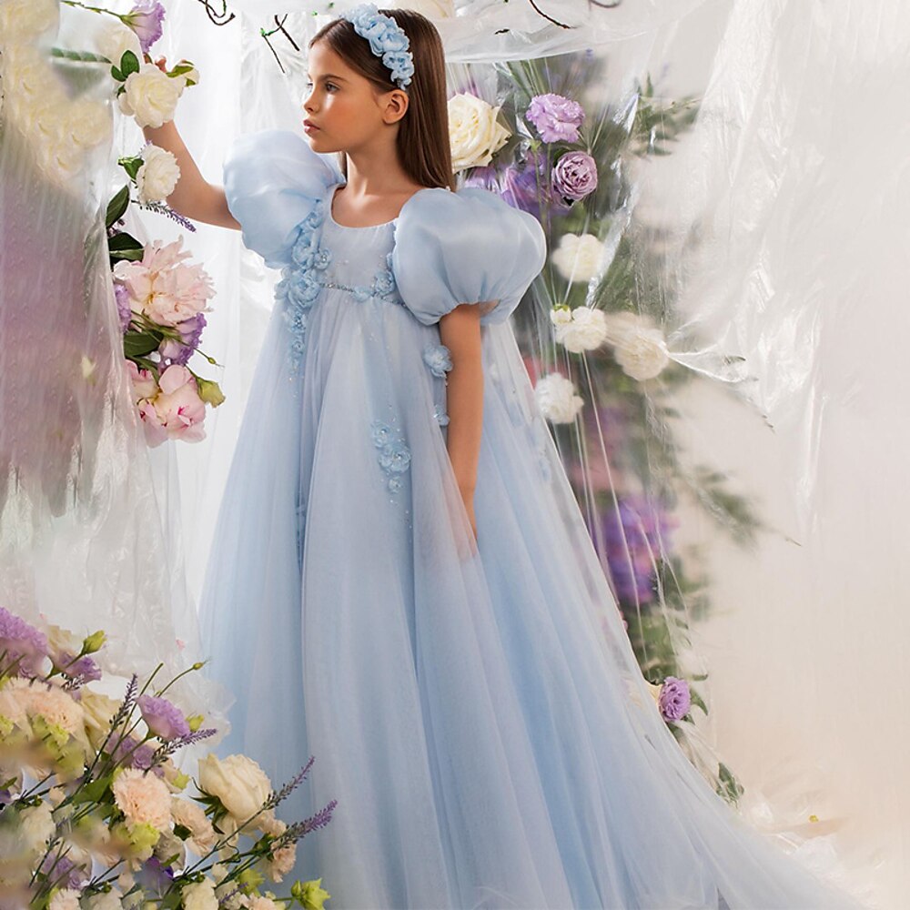 Blumenmädchenkleid Mädchen Formelle Kleidung Prinzessinenkleid Abendkleid Hochzeit Party Prinzessin Süß Ostern Karnival Gerafft Puffärmel Einfarbig Kurze Ärmel Rundhalsausschnitt Himmelblau Ab 4 Lightinthebox