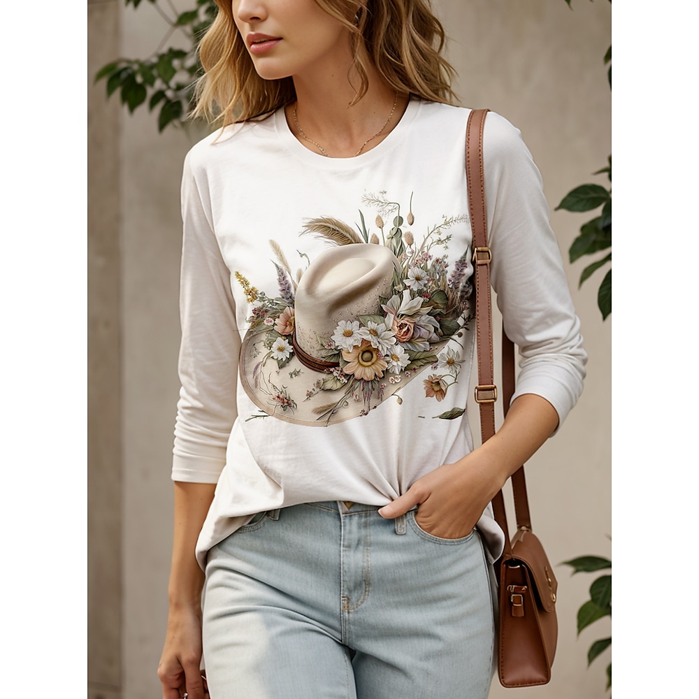 Kentucky Derby Damen Bluse Blumen Graphic Brautkleider schlicht Langarm Rundhalsausschnitt Normale Oberteile Täglich Ausgehen Bedruckt Weiß Sommer Frühling Lightinthebox