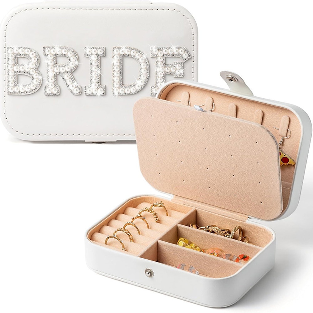 Schmuckschatulle für die Braut, weißer Reiseschmuck-Organizer mit Perlenschriftzug, Aufbewahrungsbox für Brautringe und -ohrringe für Hochzeit, Verlobung, Junggesellinnenabschied, Lightinthebox