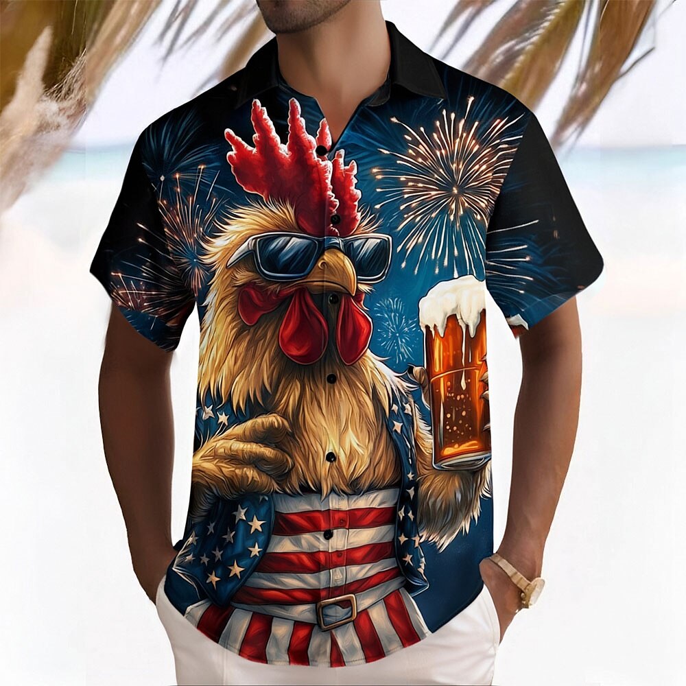 Herren Amerikanische US-Flagge Küken Lustig Hemd Freizeithemd Knopfhemd Kurzarm Modisch lässig Outdoor Urlaub Streetwear Sommer Frühling Umlegekragen 3D-Druck Hemden mit Kragen Schwarz Lightinthebox
