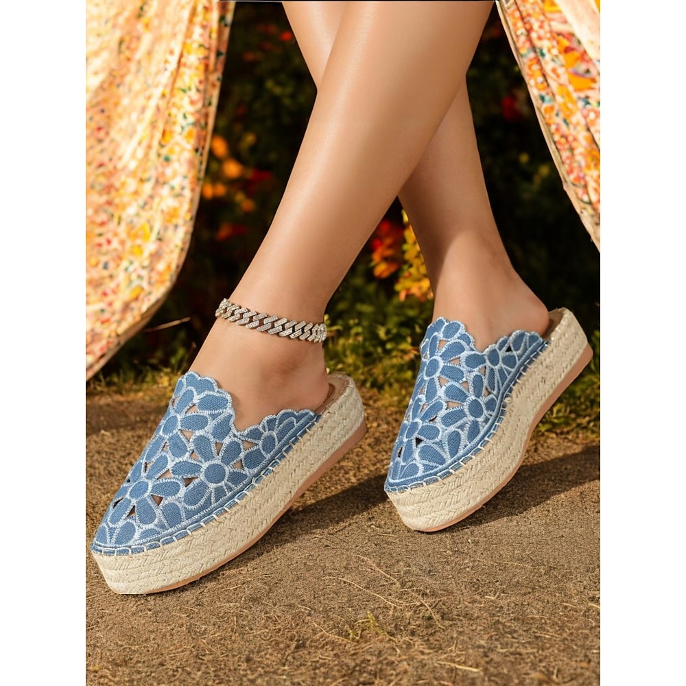 Blaue Espadrille-Pantoletten aus Spitze für Damen - Plateau-Slipper mit Blumen-Ausschnitt für den Sommer, Freizeitausflüge und Strand Lightinthebox