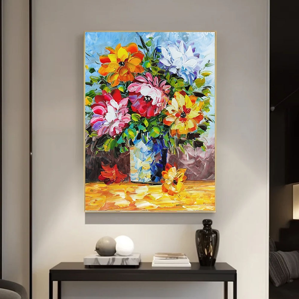 handgemaltes Ölgemälde in einer Vase mit bunten Blumen - handgemaltes Blumenölgemälde mit Palettenmesser auf Leinwand, dickes Gemälde, schwere Textur, Blumenölgemälde für Schlafzimmer, Wohnzimmer Lightinthebox