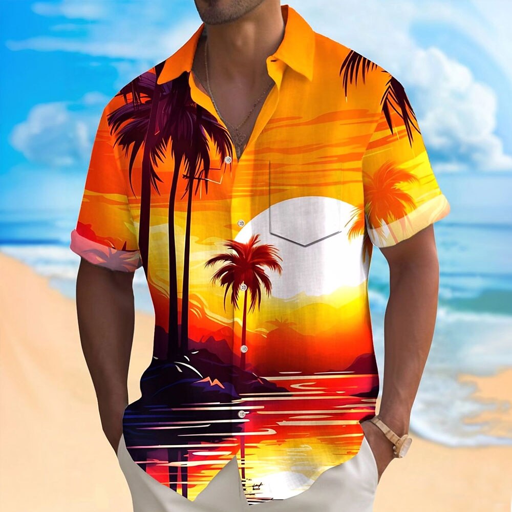 Herren Kokospalme Sonnenuntergang Tropische Pflanzen Hemd Sommer Hawaiihemd Knopfhemd Kurzarm Hawaiianisch Urlaub Strandbekleidung Sommer Frühling Umlegekragen 3D-Druck Hemden mit Kragen Eine Tasche Lightinthebox