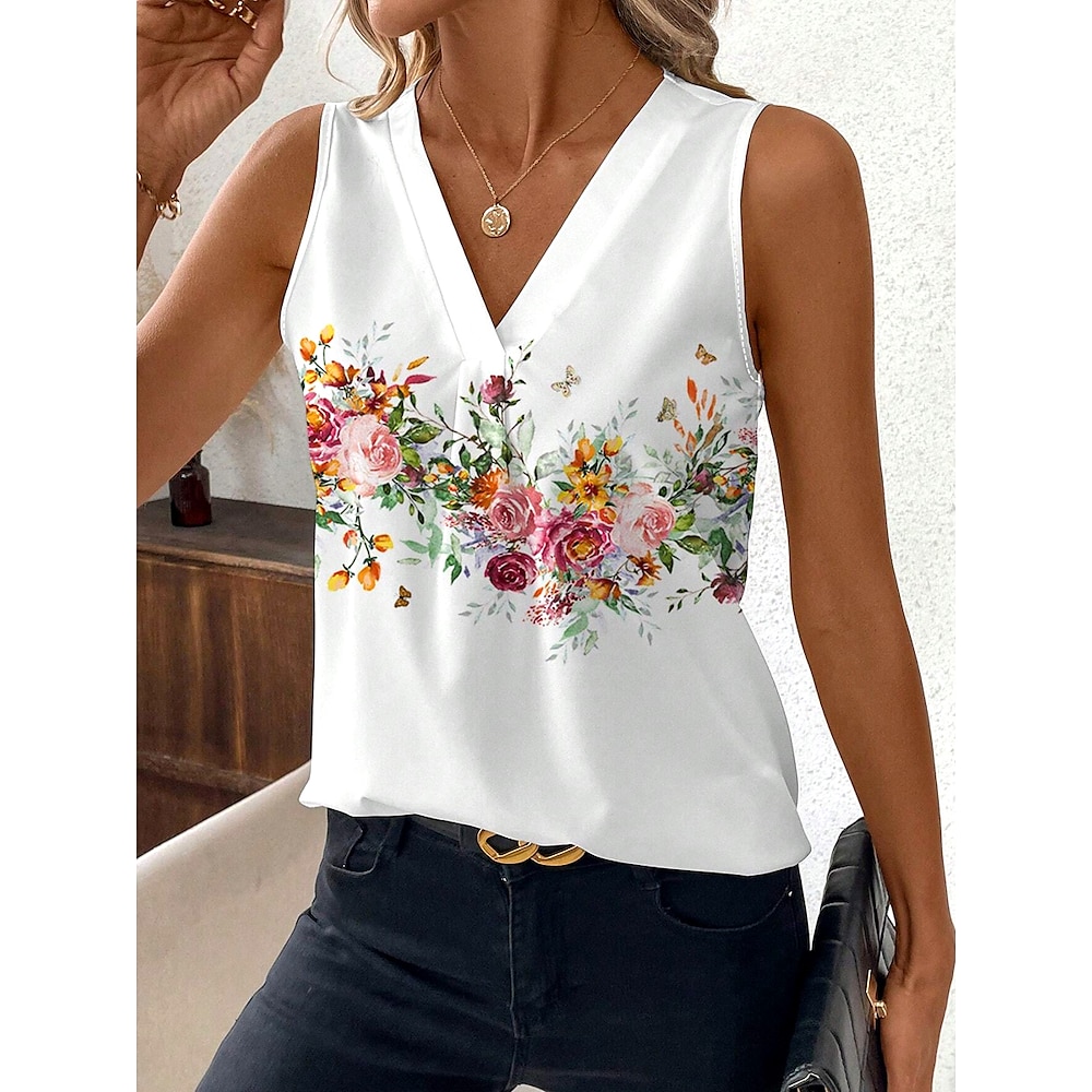 Damen Camisole-Tanktop Blumen Grafik Stilvoll Lässig Ärmellos V Ausschnitt Normale Oberteile Täglich Druck Weiß Sommer Lightinthebox