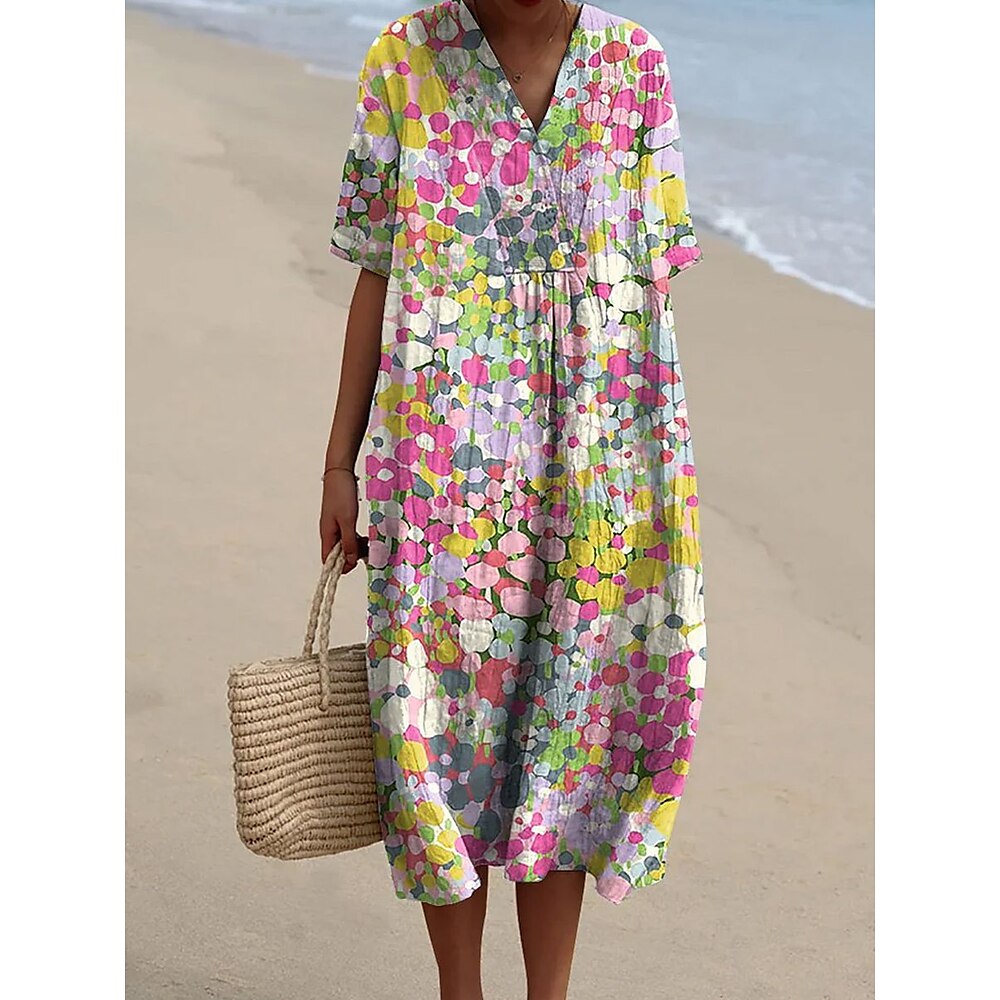 Damen Midikleid Sommerkleid Urlaub Lässig Strand Ausgehen Lässiger Schnitt Blumen Grafik Kurzarm V Ausschnitt Rosa Blau Sommer Lightinthebox