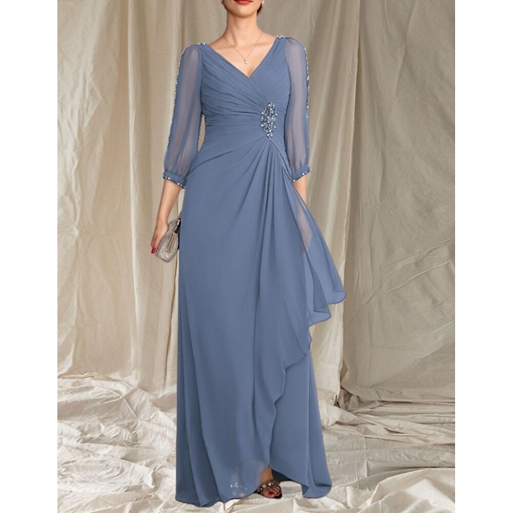 A-Linie Brautmutterkleid Hochzeitsgast Elegant V Ausschnitt Bodenlang Chiffon Dreiviertelarm mit Perlenstickerei Raffung 2025 Lightinthebox