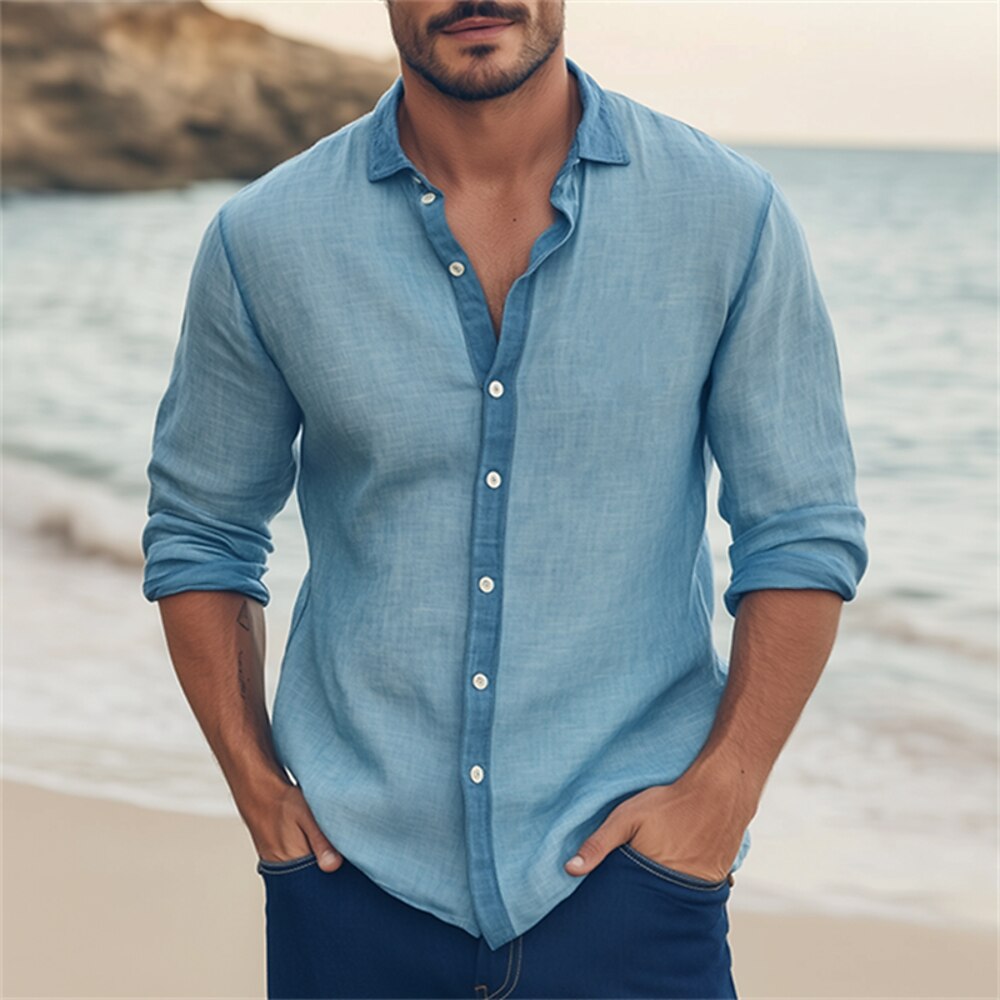 Herren Hemd leinenhemd Sommerhemd Strandhemd Farbblock Urlaub Ferien Blau Langarm Bekleidung Lightinthebox