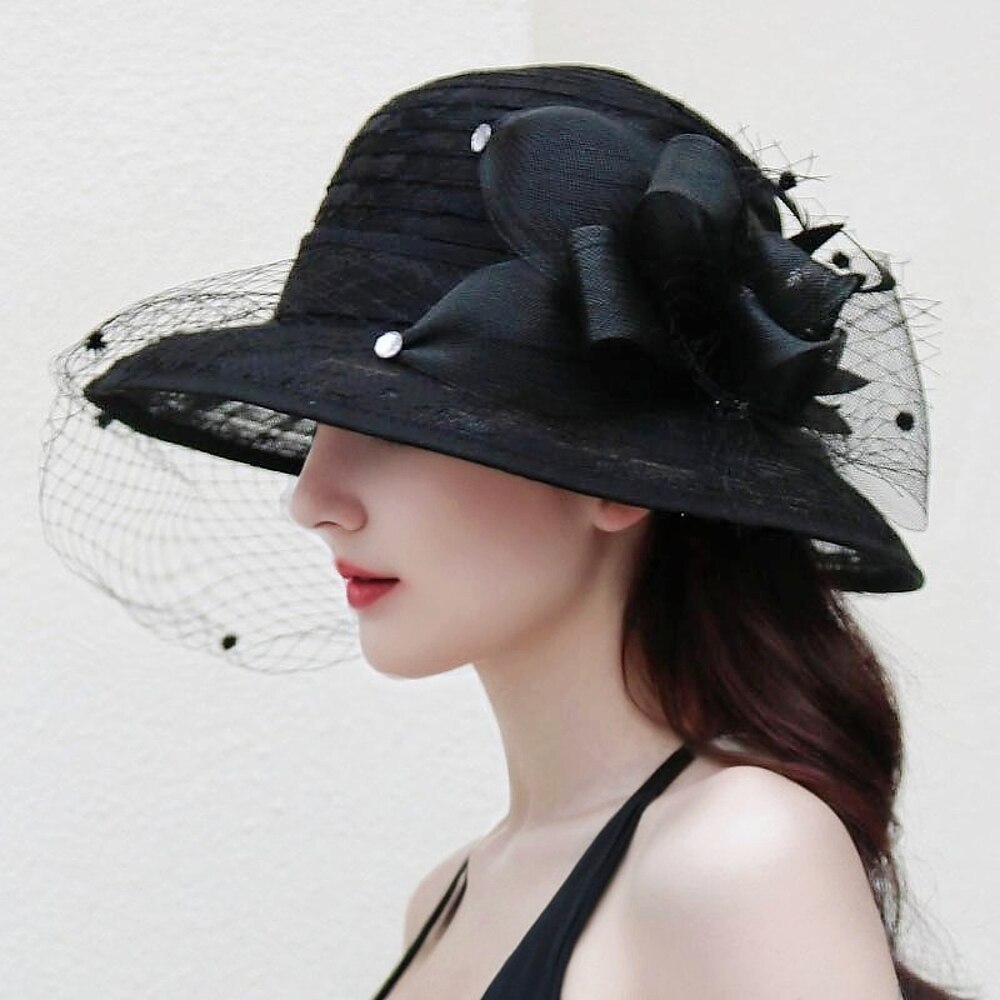 Bowlerhut für Damen mit breiter Krempe, Vintage-Stil, floraler Wollfilz, Fedora, Schlapphut, eleganter Fascinator-Hut mit Schleier, für Damen, Kirche, Party, Eimer Lightinthebox