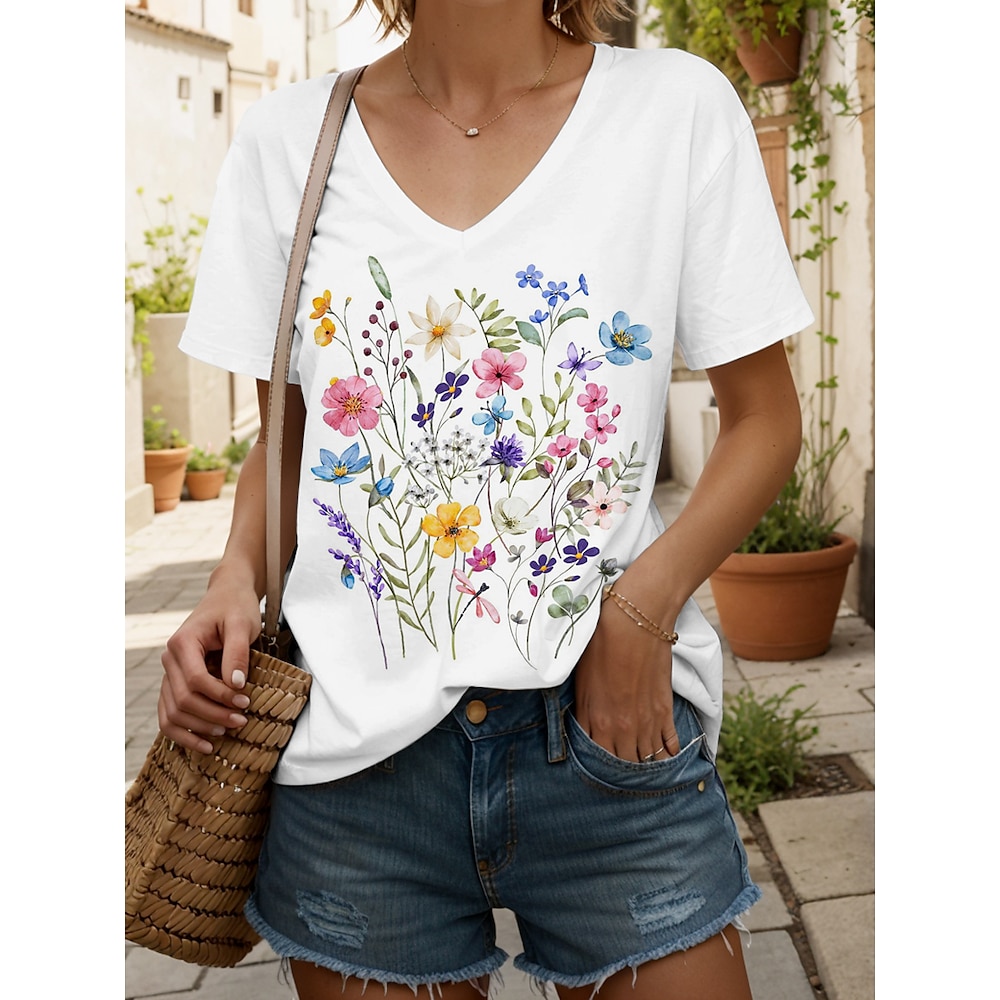 Damen T Shirt Blumen Grafik Lässig Kurzarm V Ausschnitt Normale Oberteile Täglich Ausgehen Strandbekleidung Druck Weiß Sommer Lightinthebox